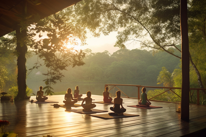 Personas practicando yoga en medio de la naturaleza